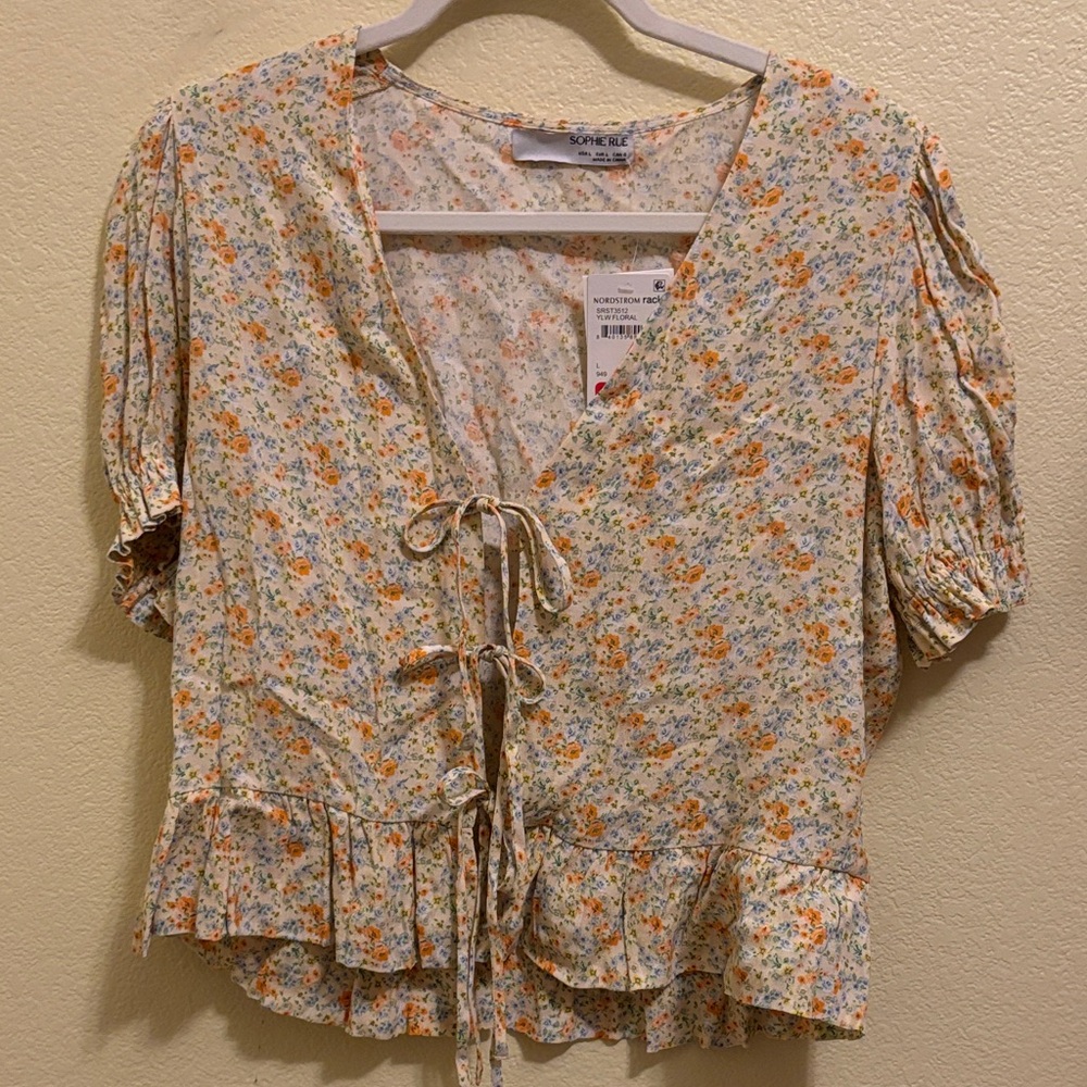Sophie Rue Yellow Floral Tie-Front Ruffle Blouse with Orange and Blue Accents